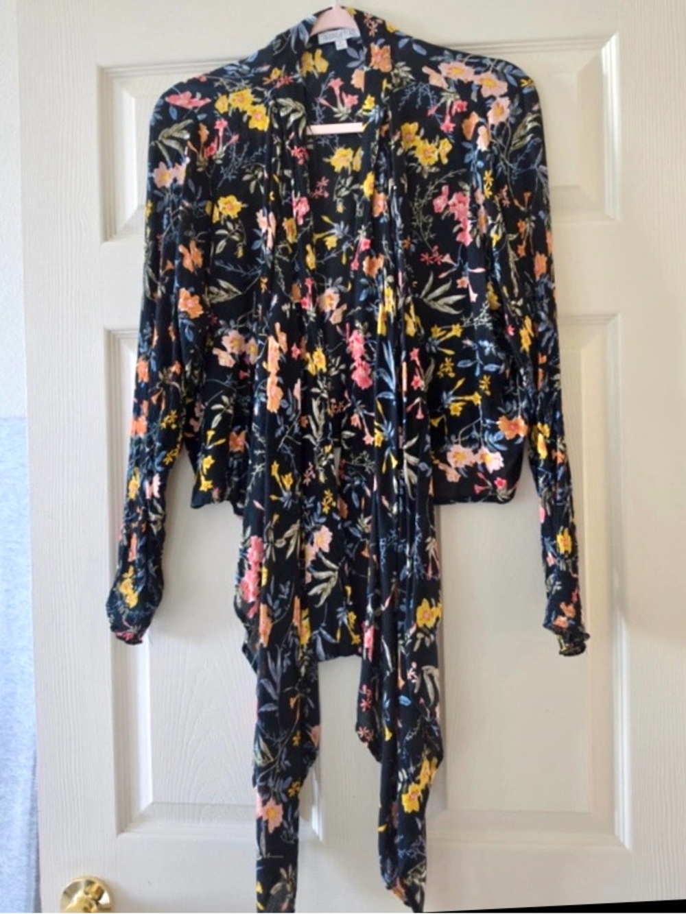 Patrons of Peace Black Floral Draped Cardigan with Floral Blooms
